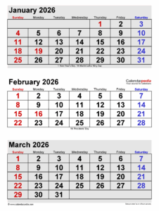 January February March 2026 Calendar