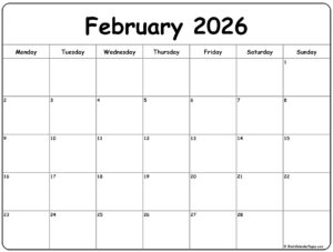 February 2026 Calendar Monday Start