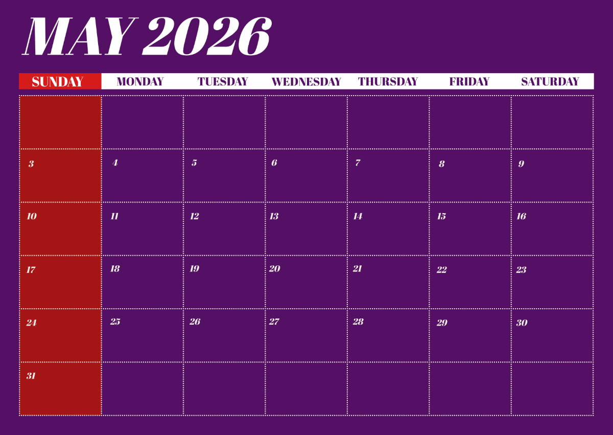 Editable May 2026 Calendar