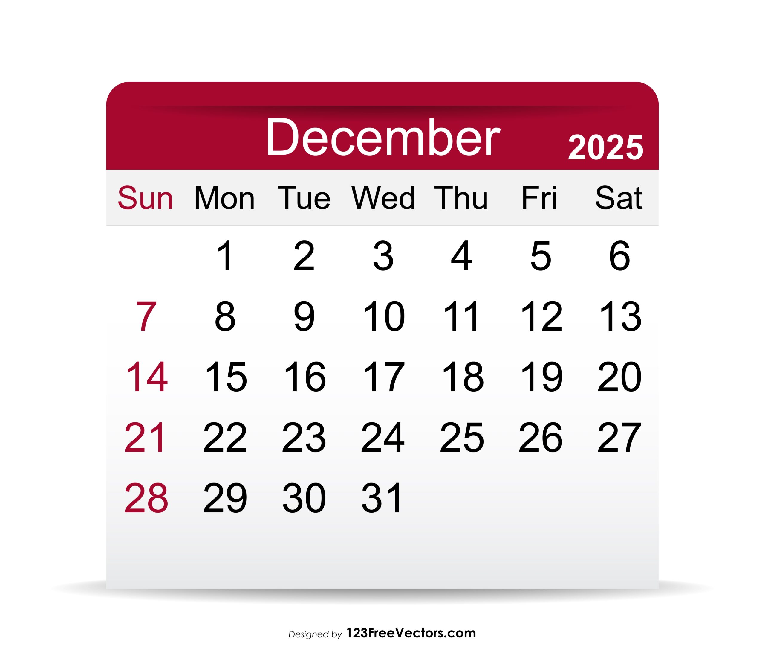 Free Download 2025 December Calendar