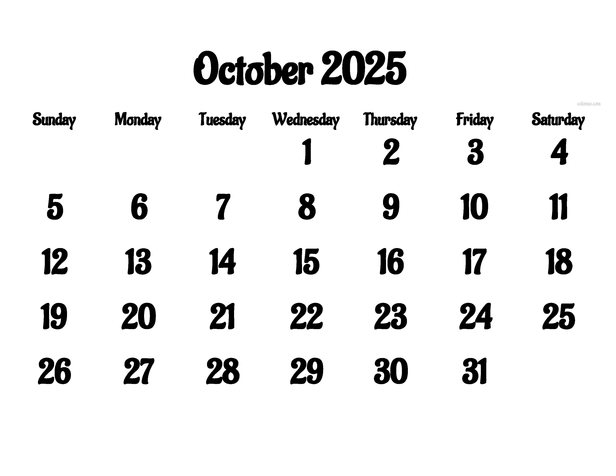October 2025 Calendar Free Printable Pdf