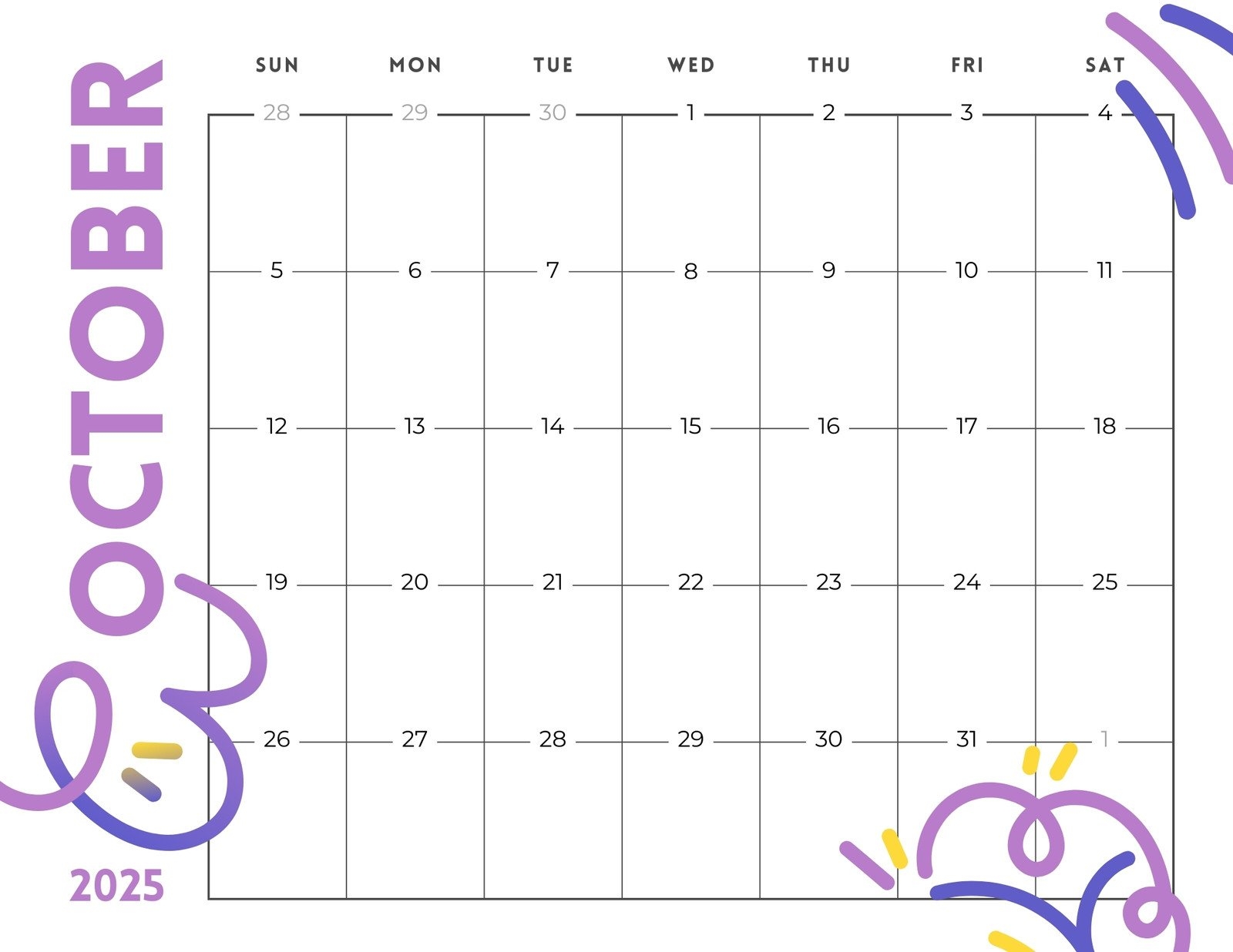 Editable October 2025 Calendar