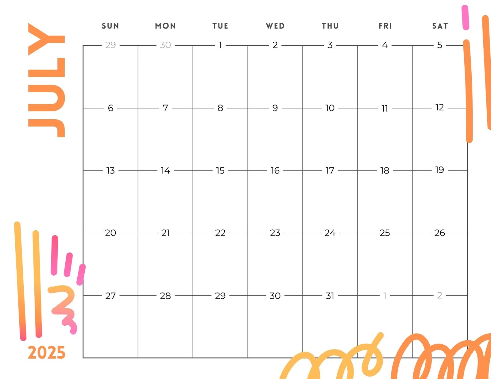June And July 2025 Calendar Editable
