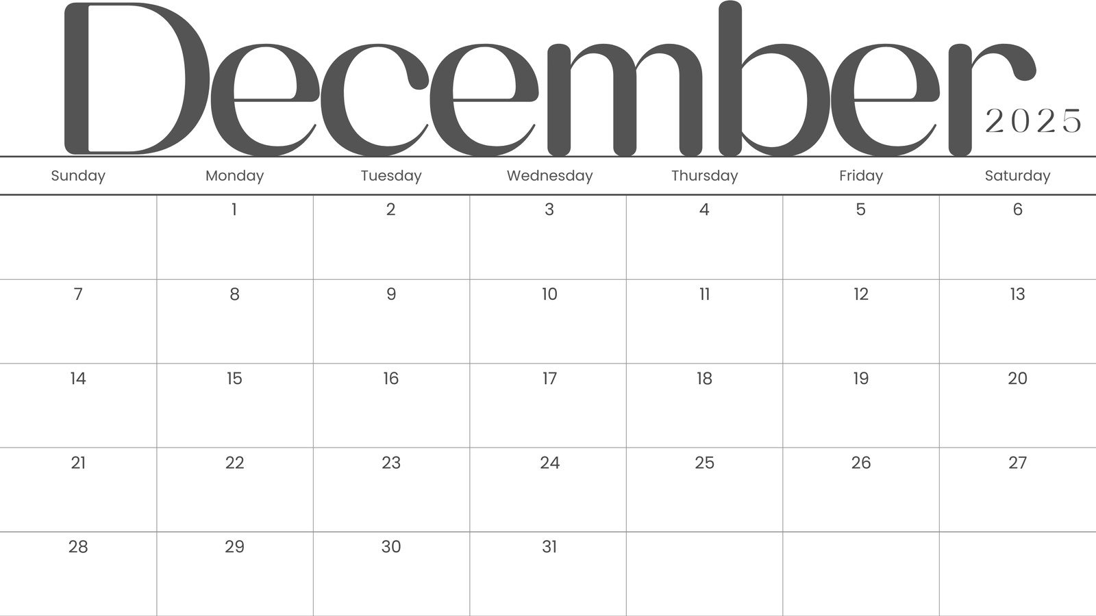 December 2025 Calendar Month