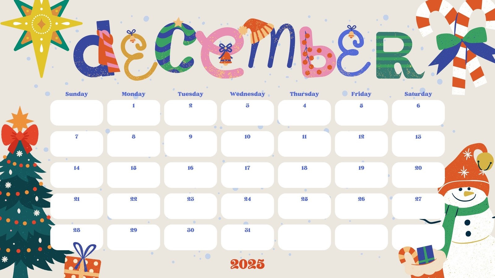 Christmas December 2025 Calendar Printable