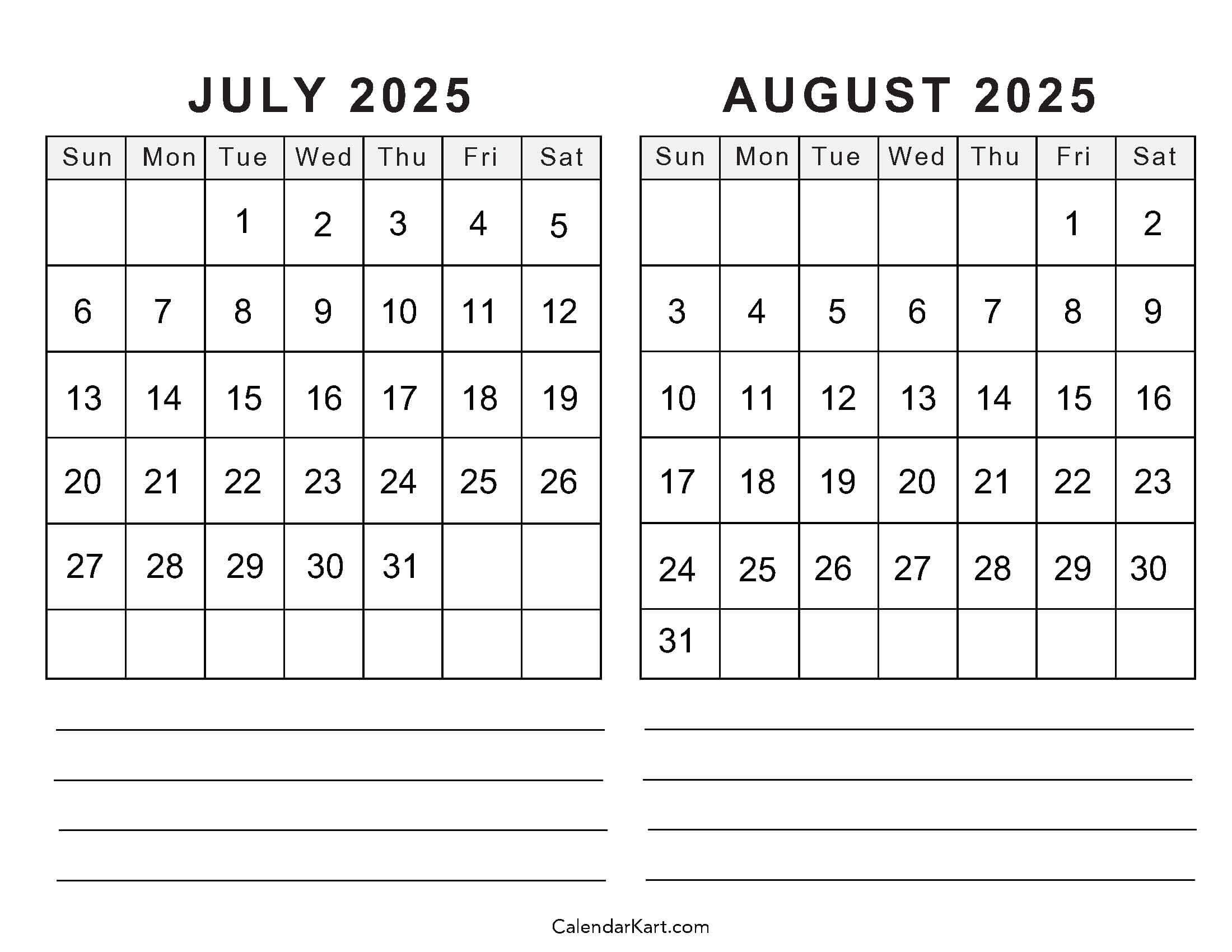 July August 2025 Calendar Printable