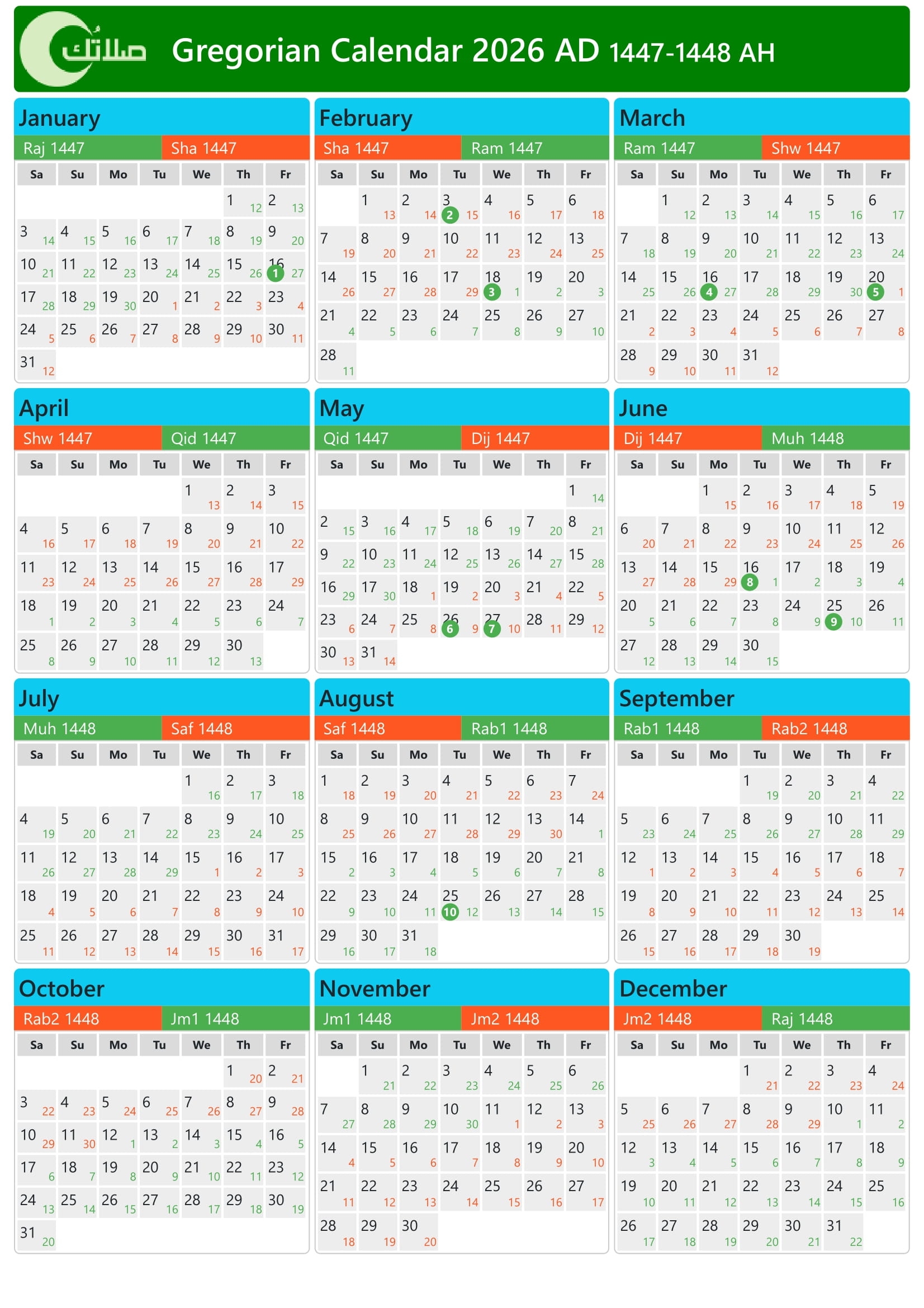 Gregorian Hijri Calendar 2026 1447 1448 In East Timor