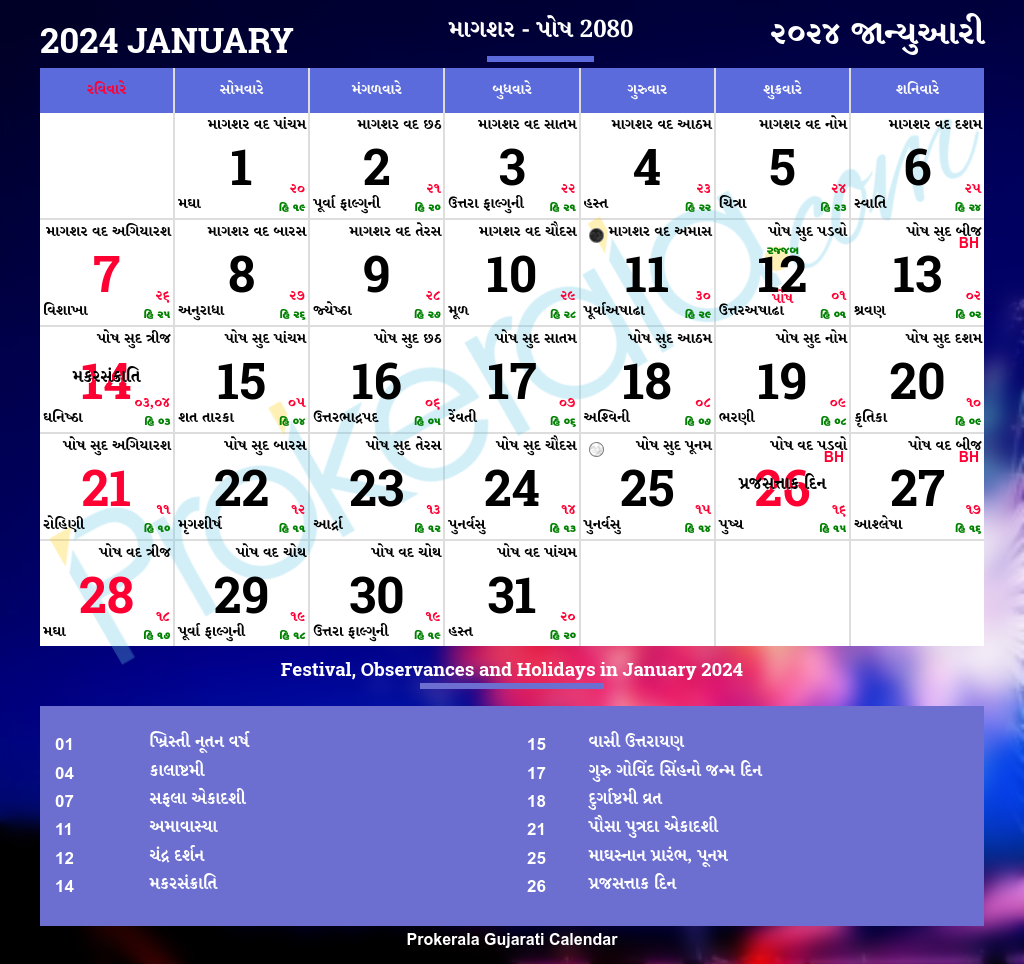 Gujarati Calendar January 2024 Vikram Samvat 2080 Magshar Posh