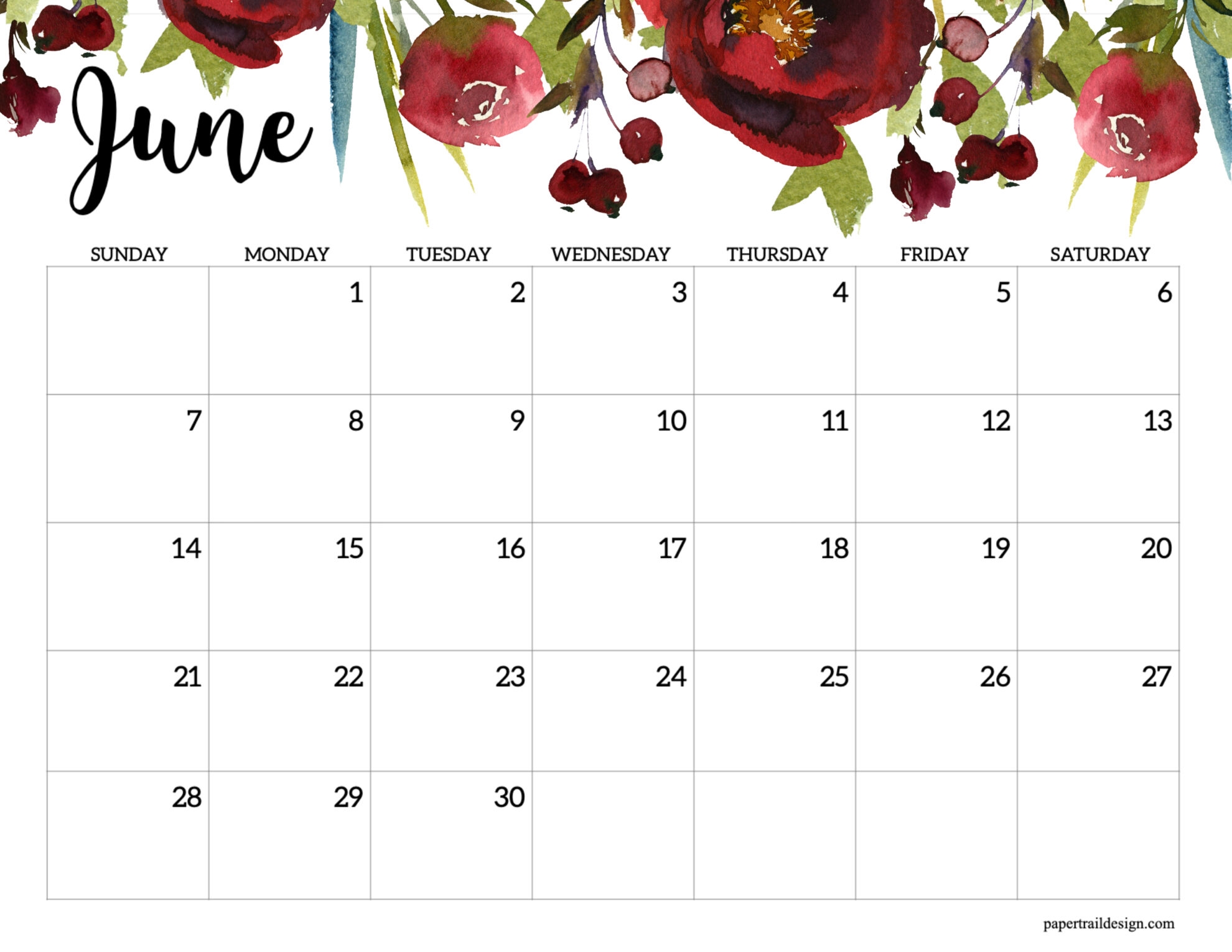 Horizontal Floral Printable Calendar 2026 Paper Trail Design