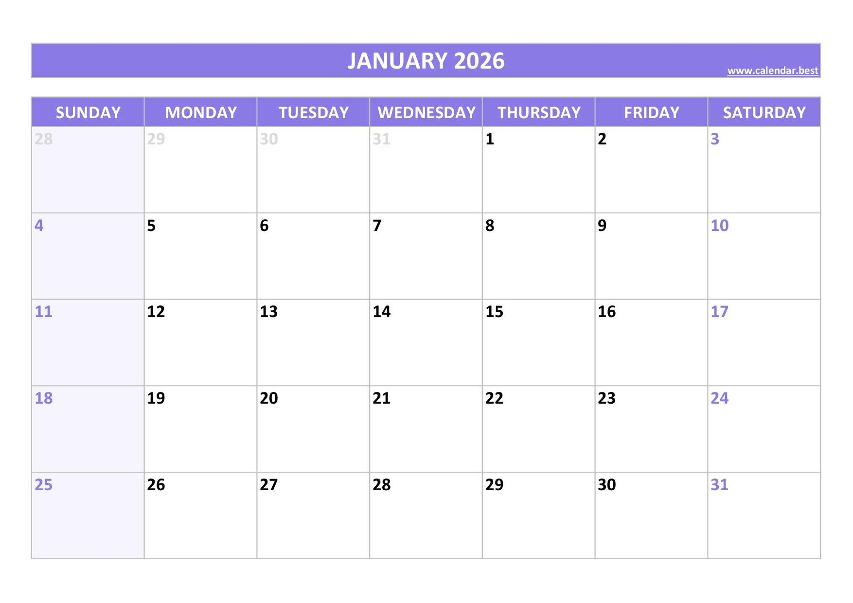 Calendar January 2026 Free Printable
