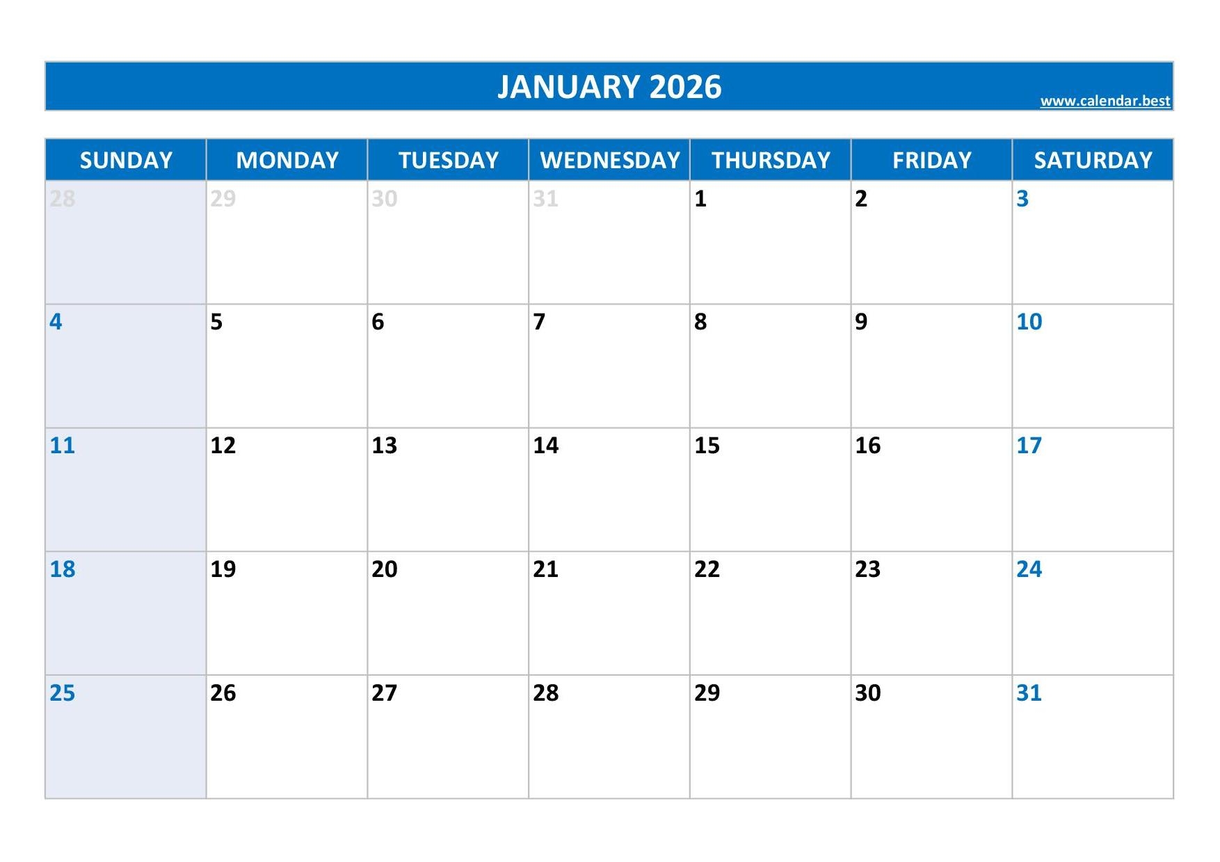 January 2026 Calendar Printable Free