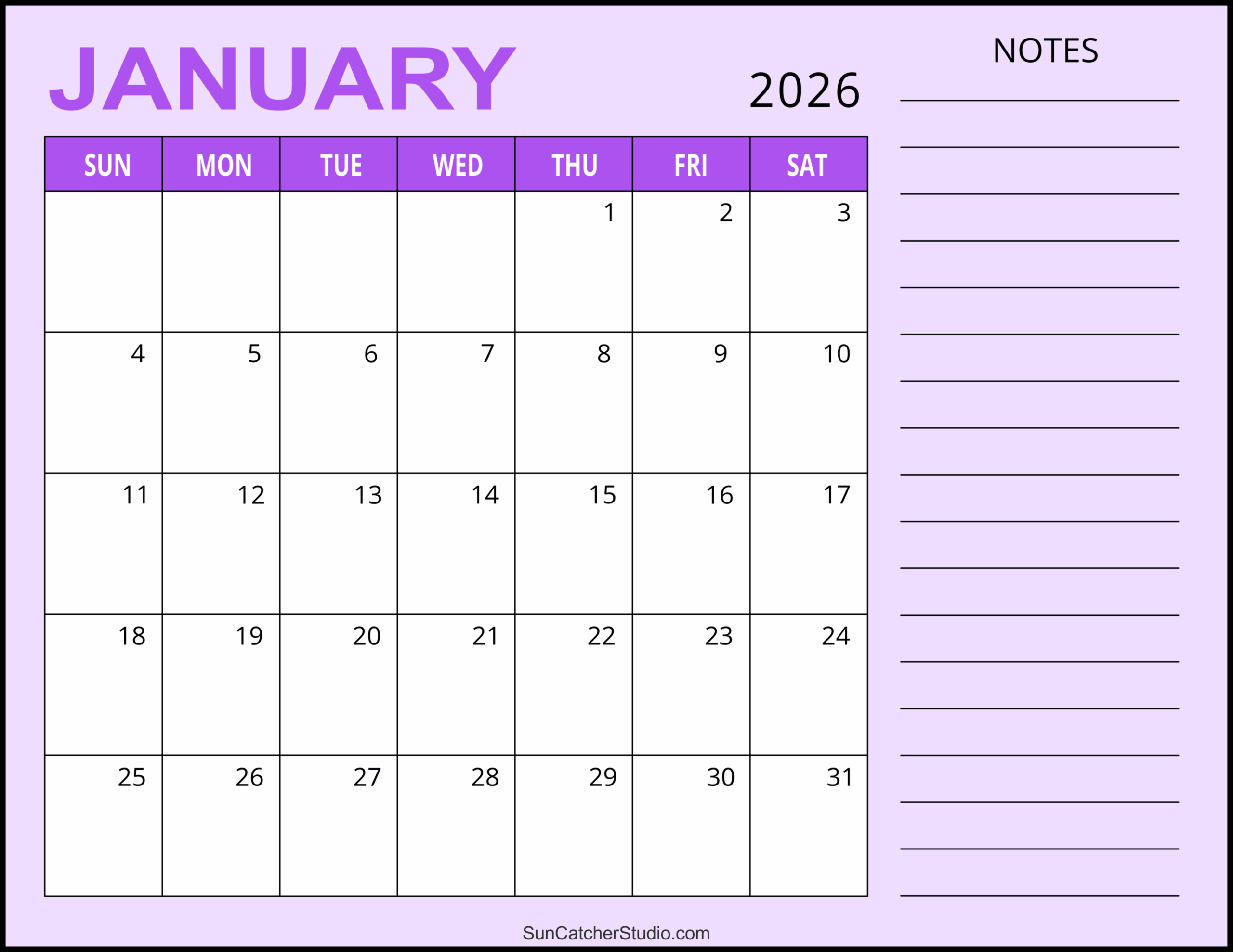 Fillable January 2026 Calendar