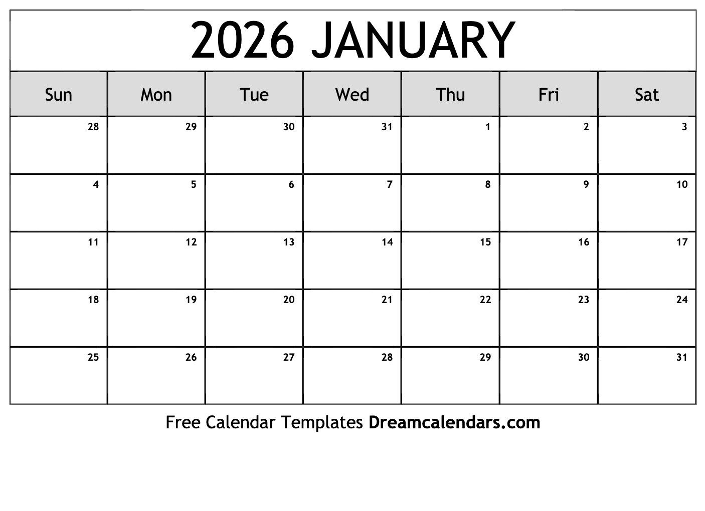 January 2026 Calendar Template