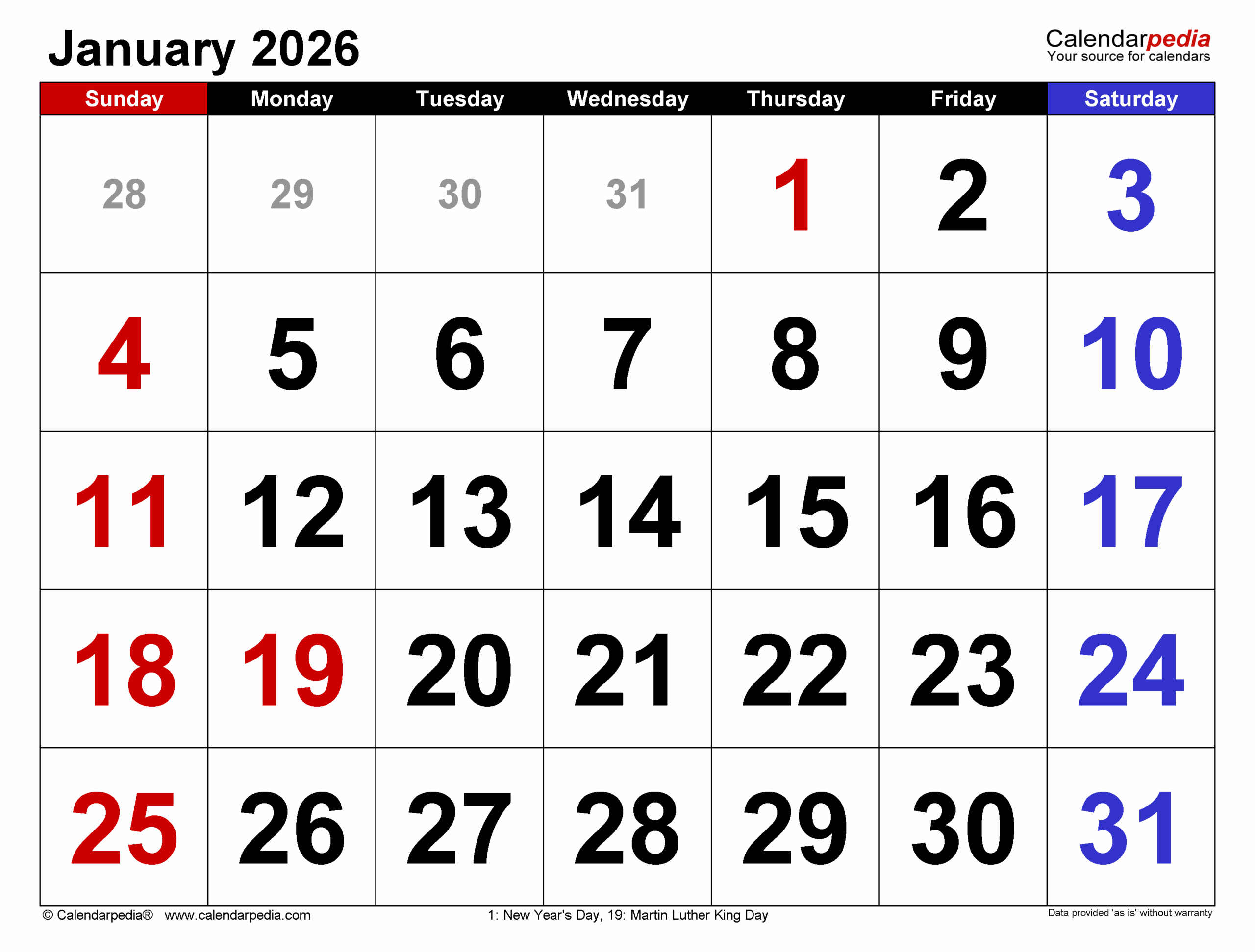 January 2026 Calendar Editable