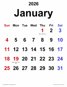 Excel Calendar January 2026