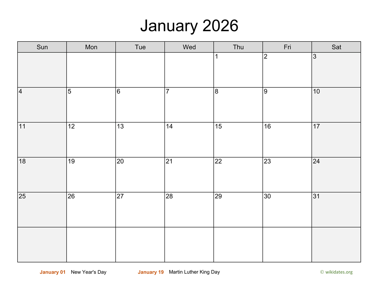 January 2026 Calendar With Weekend Shaded WikiDates