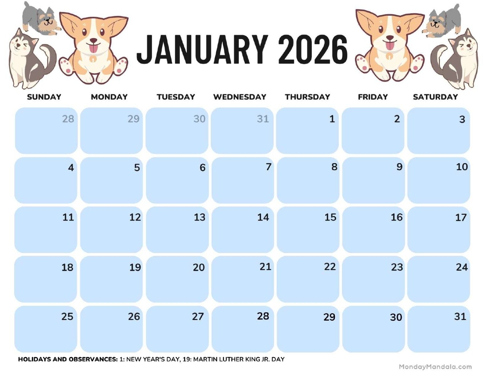 Calendar With Holidays January 2026