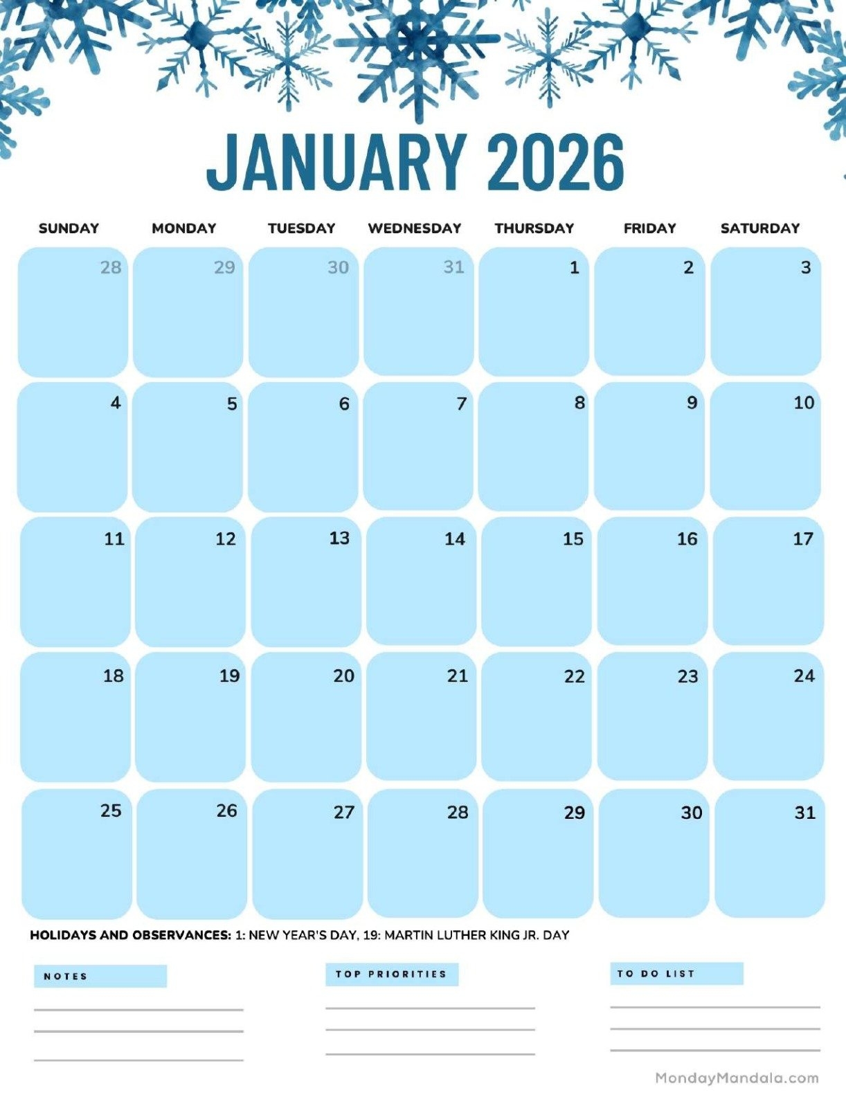 Blank Calendar Pages January 2026