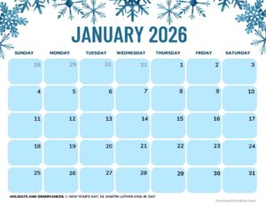 Calendar January 2026 Free Printable