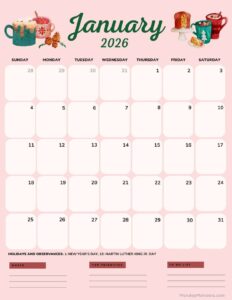 Cute January 2026 Calendar Printable