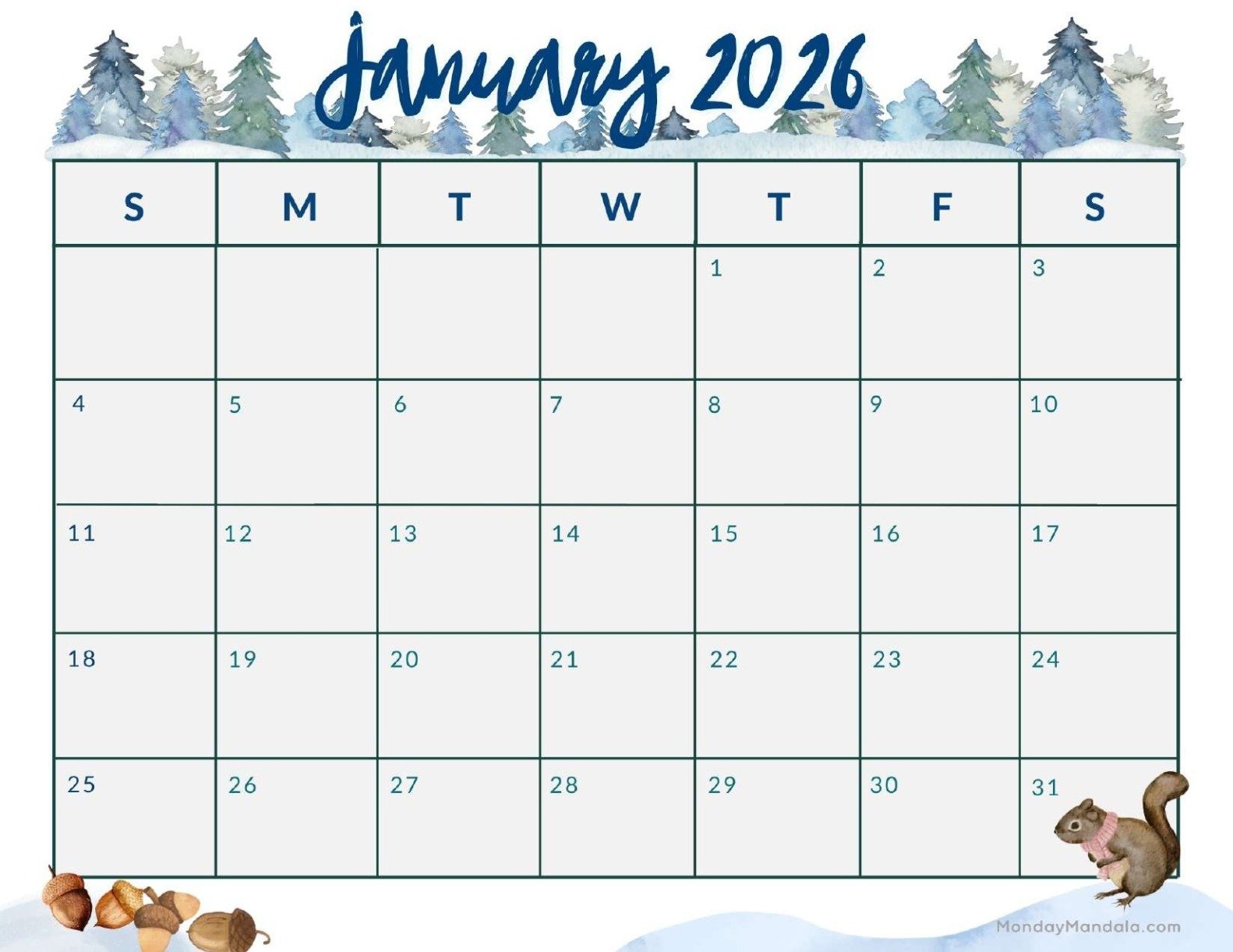 Blank Calendar January 2026