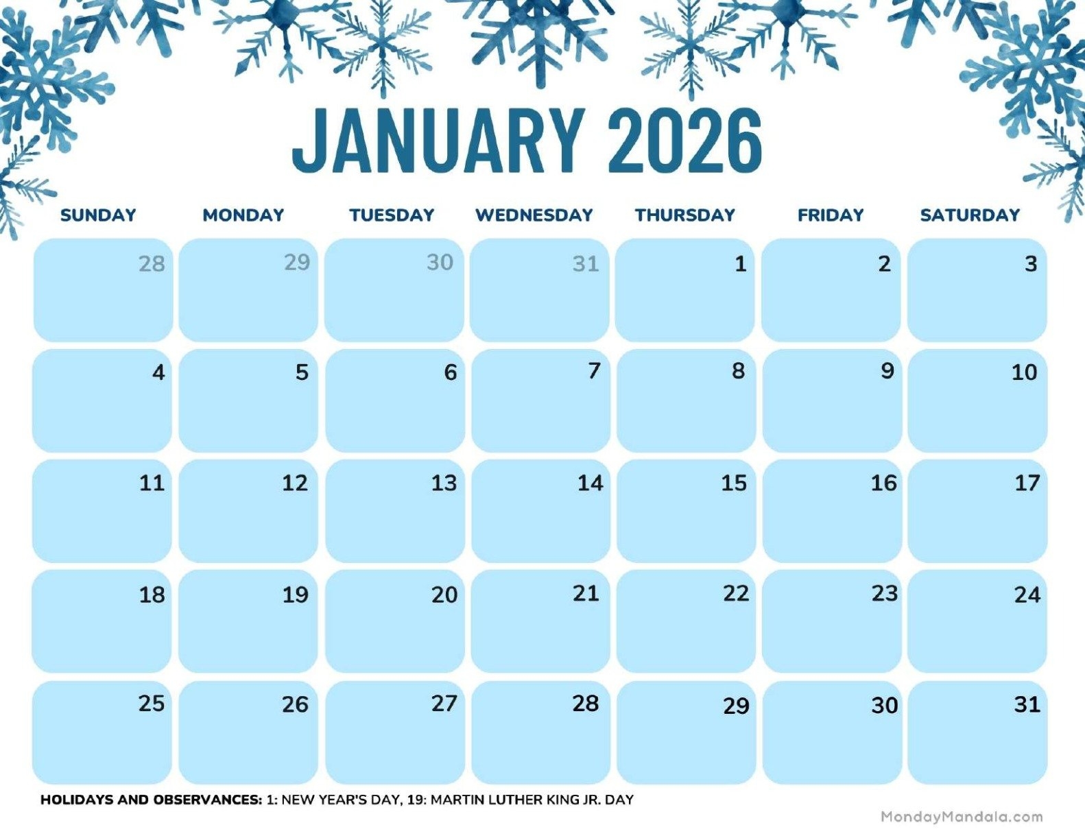 January 2026 Calendars Free PDF Printables
