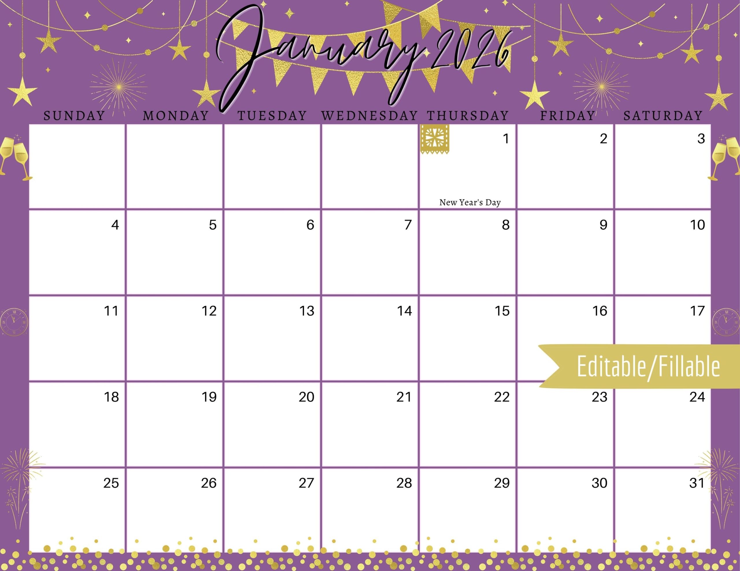 January 2026 Digital Calendar Purple New Year Planner Editable Fillable Printable Calendar For Planning PDF PNG And JPG Download Etsy Israel
