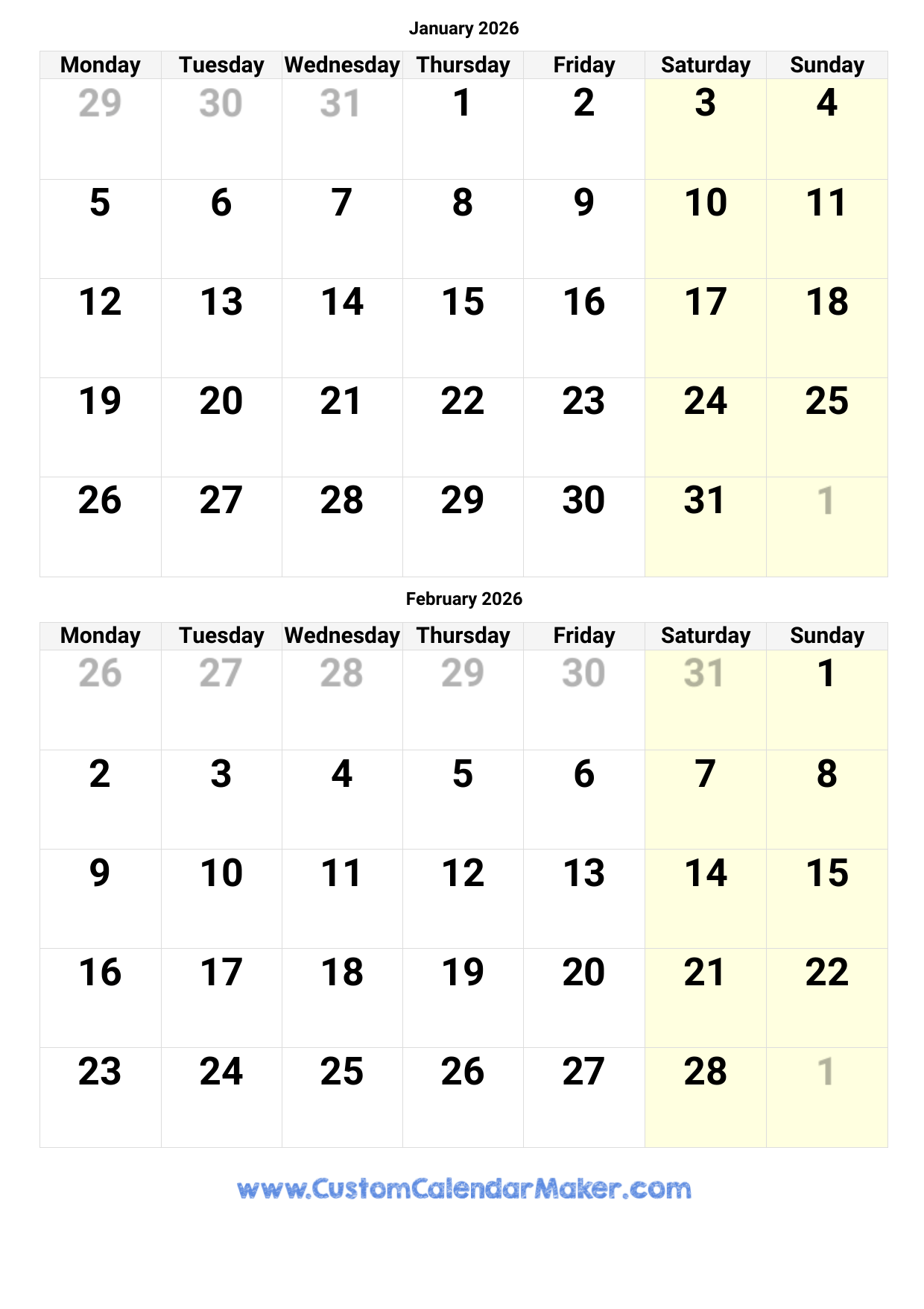 December 2026 January 2026 February 2026 Calendar