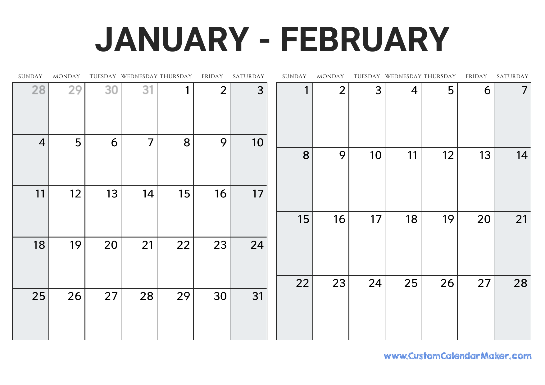 Calendar Of January And February 2026