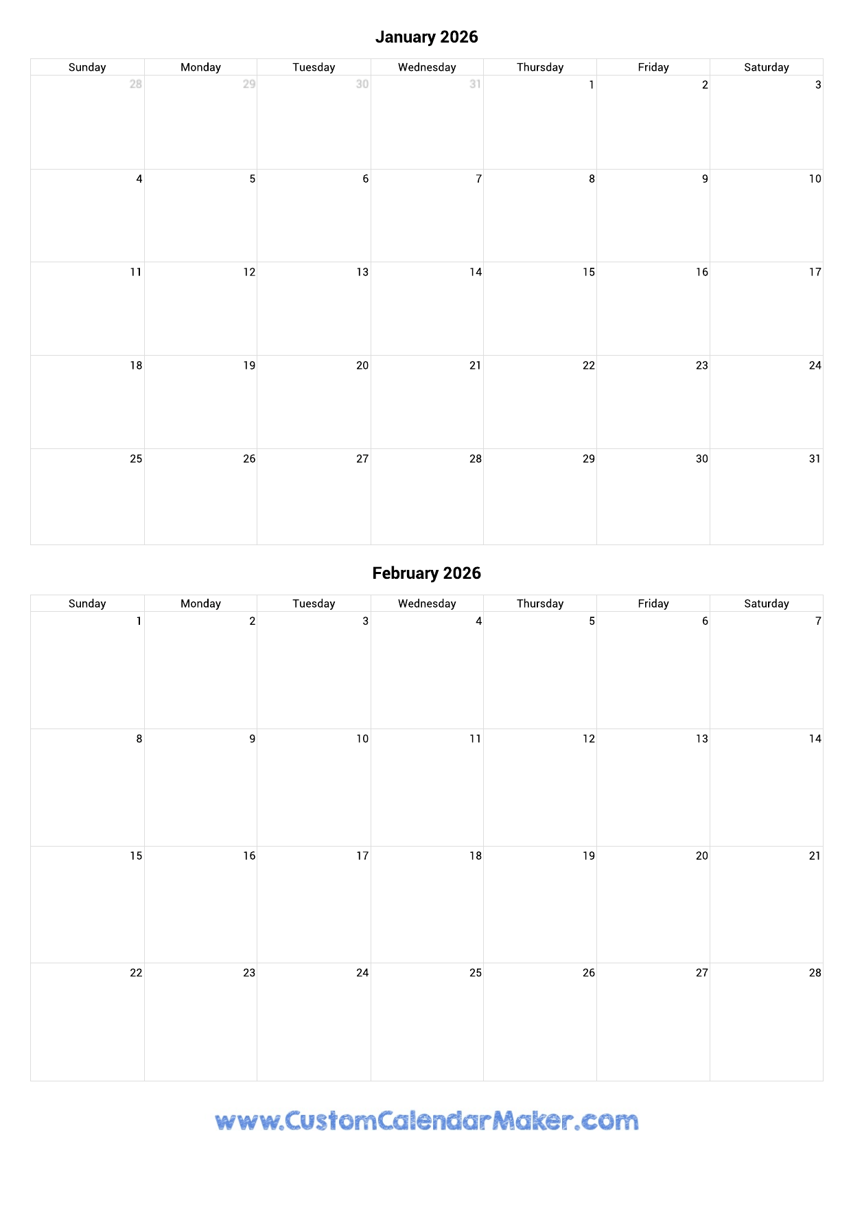 Calendar January February 2026
