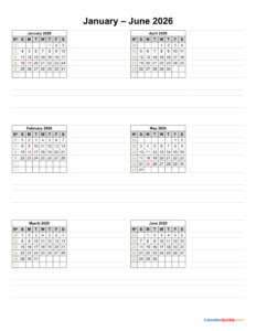 January – June 2026 Calendar