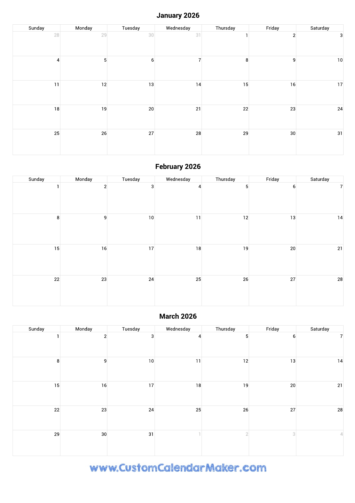 January February March 2026 Calendar