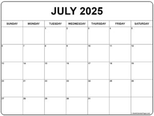 Free Printable Calendar July 2025