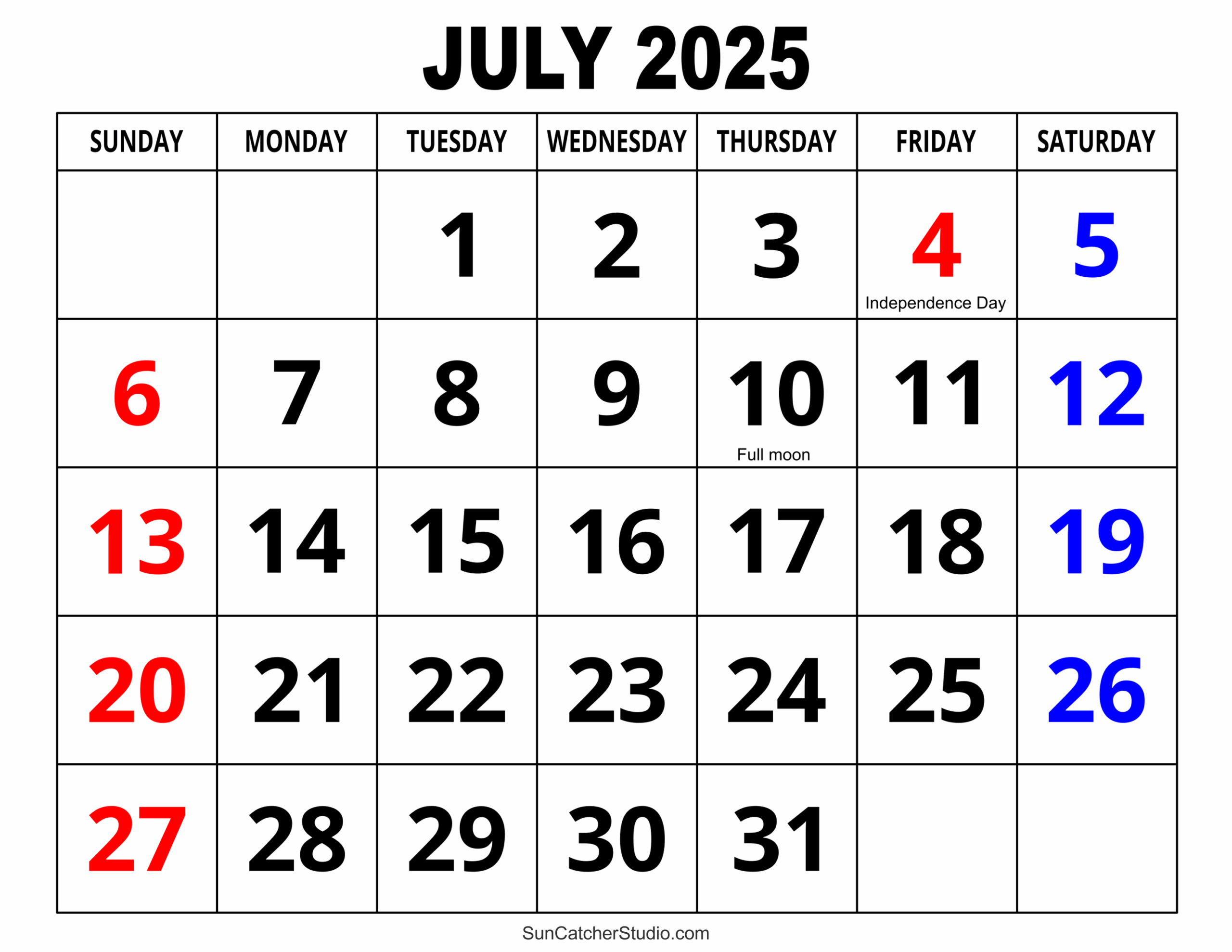 Calendar July 2025 Printable