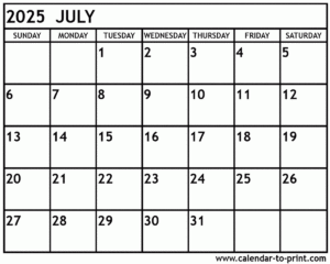 Calendar July 2025 Printable