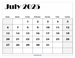 July 2025 Calender