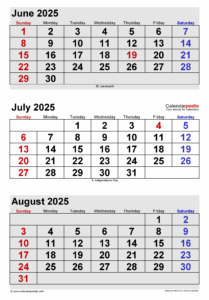 June July August 2025 Calendar Excel