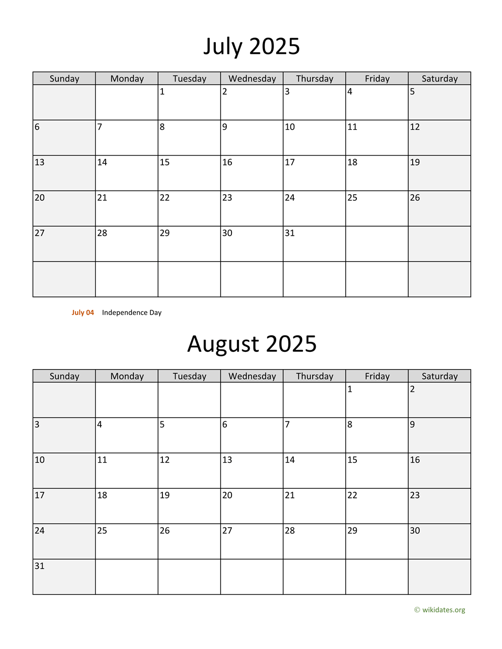 Calendar June-August 2025