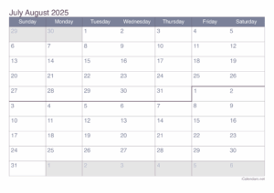July August 2025 Calendar Printable