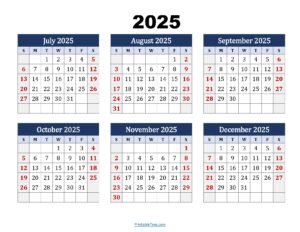 July-December 2025 Calendar