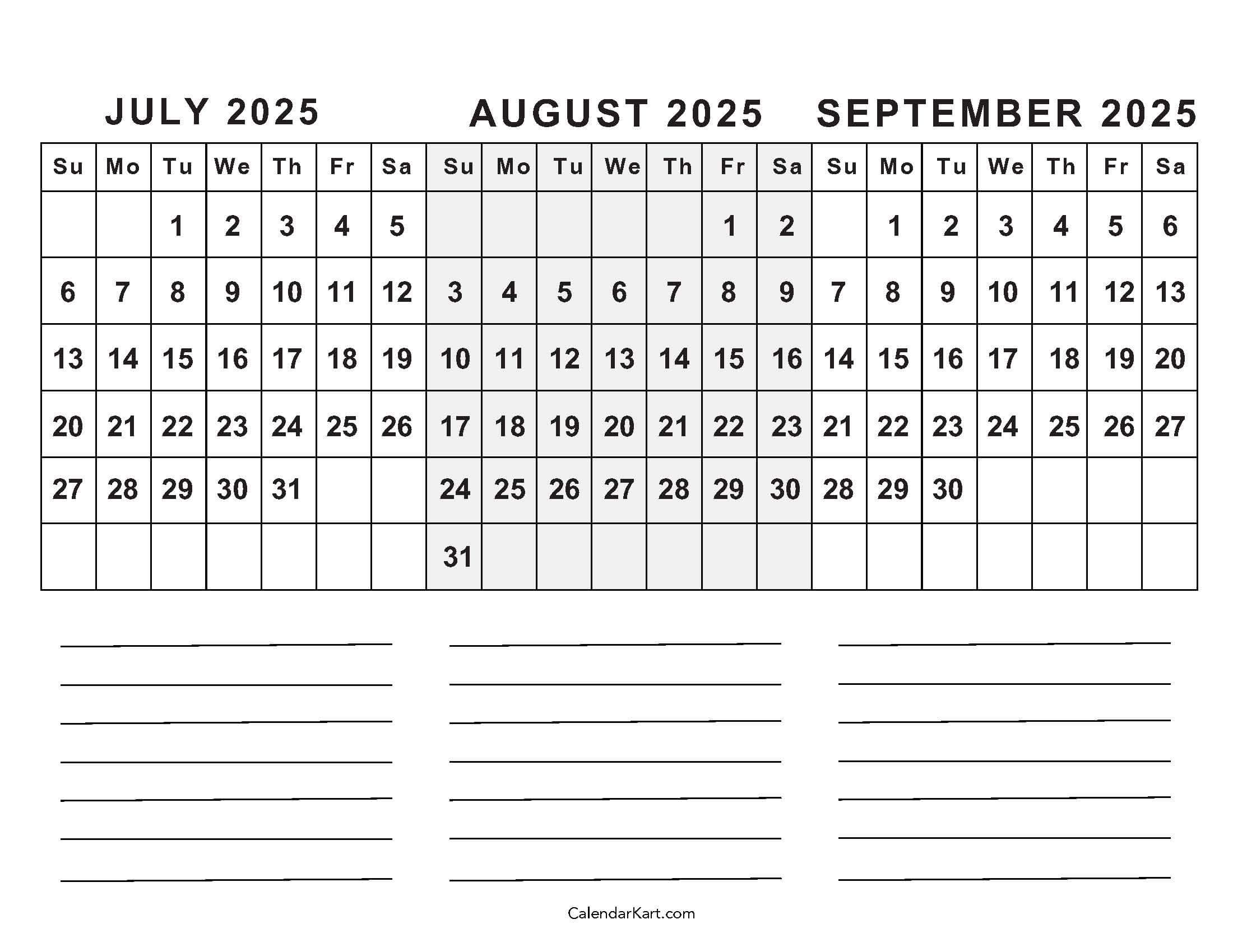 3 Month Calendar June July August 2025