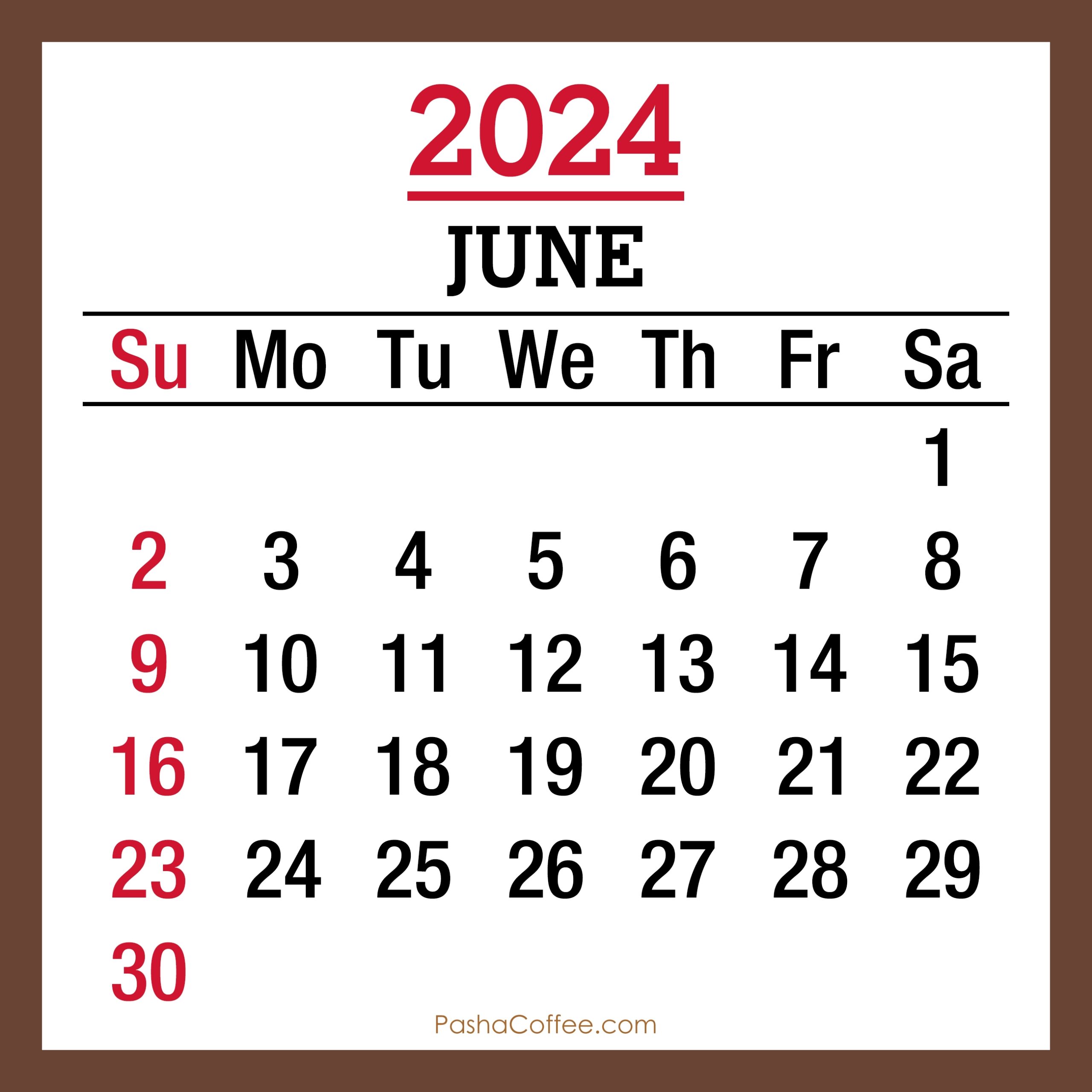 June 2024 Monthly Calendar Printable Free Brown Sunday Start 