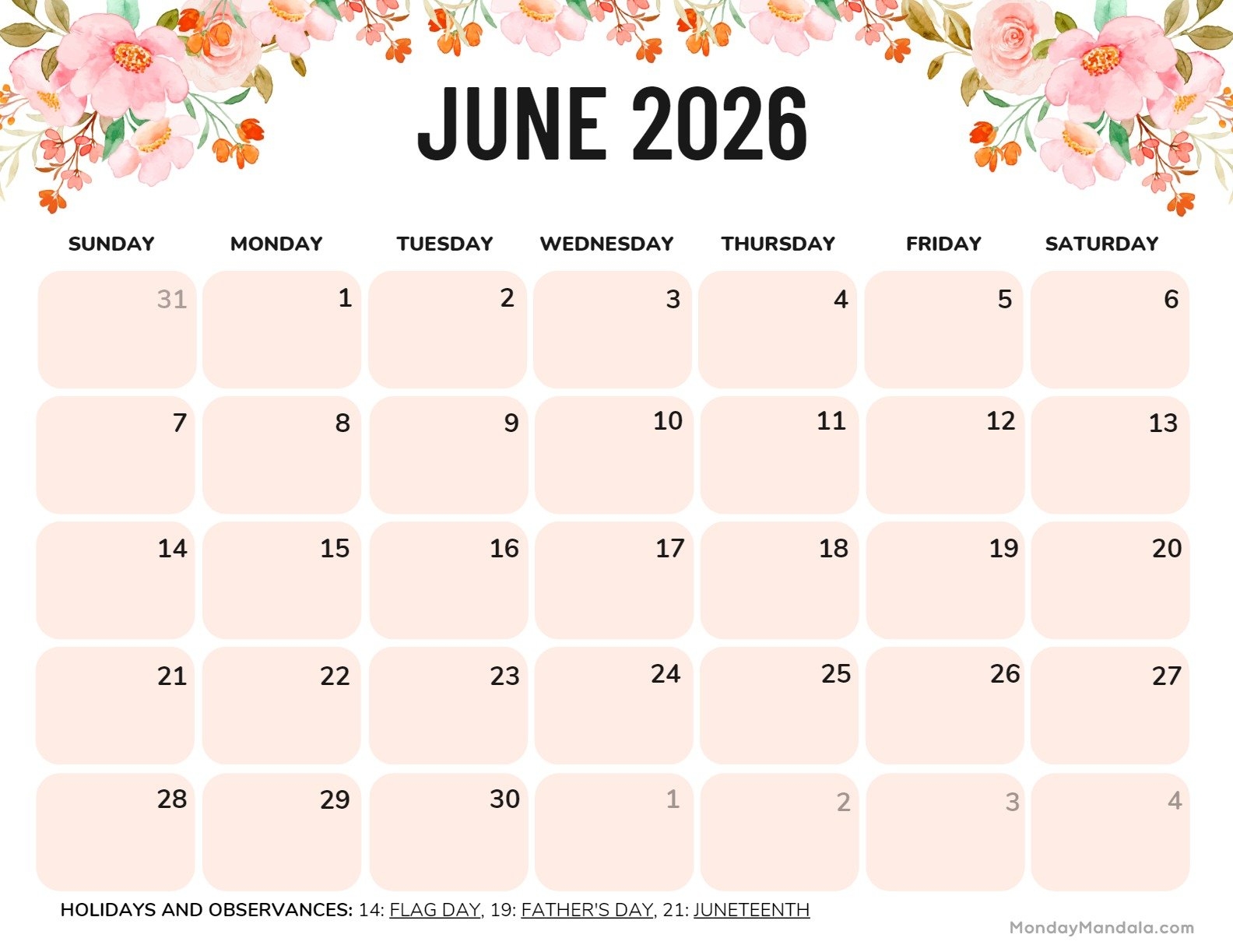 January To June 2026 Calendar Printable