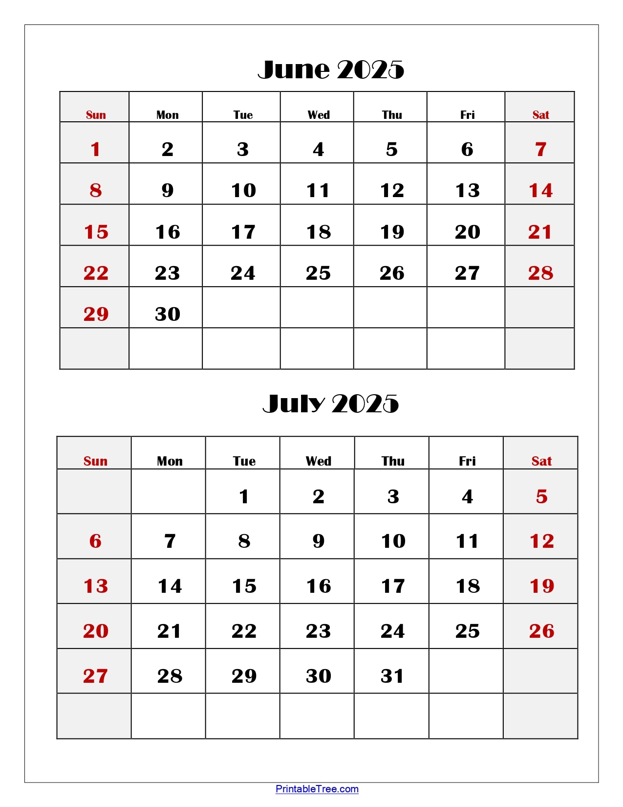 Printable Calendar July 2025-June 2026