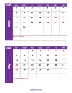 June And July 2025 Calendar With Holidays