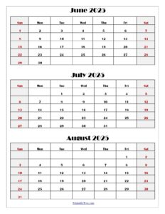 June July August 2025 Calendar Printable