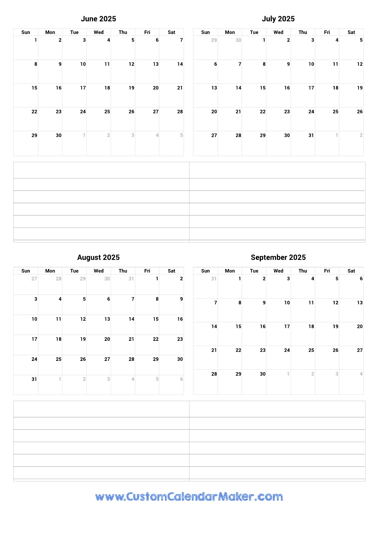 June To September 2025 Calendar
