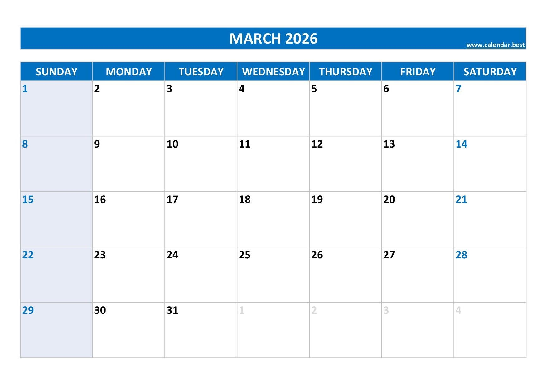 Calendar March 2026 With Holidays