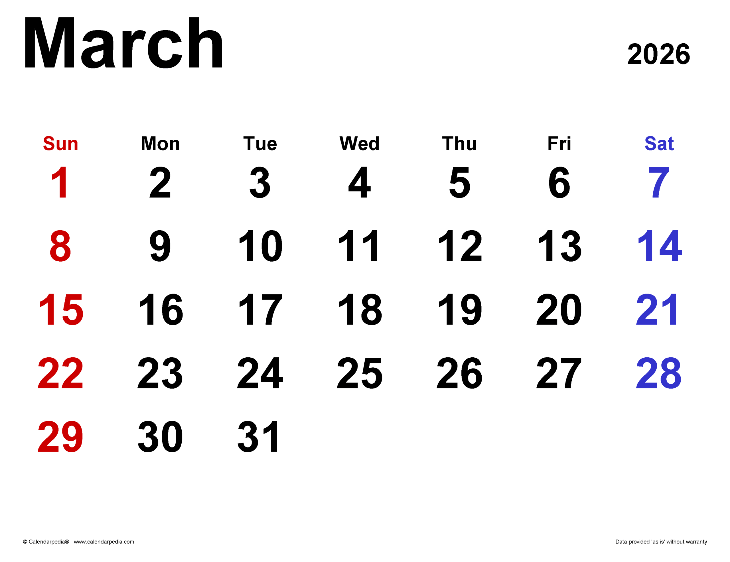 March 2026 Calendar Templates For PDF Excel And Word