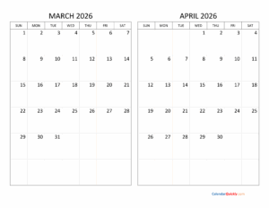 Calendar March April 2026